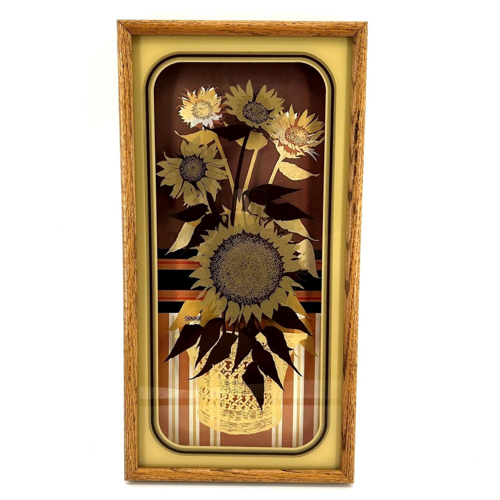 Virgil Thrasher Lucid Lines Sunflower Glass Art Vintage 1976 Oak Frame 10x20